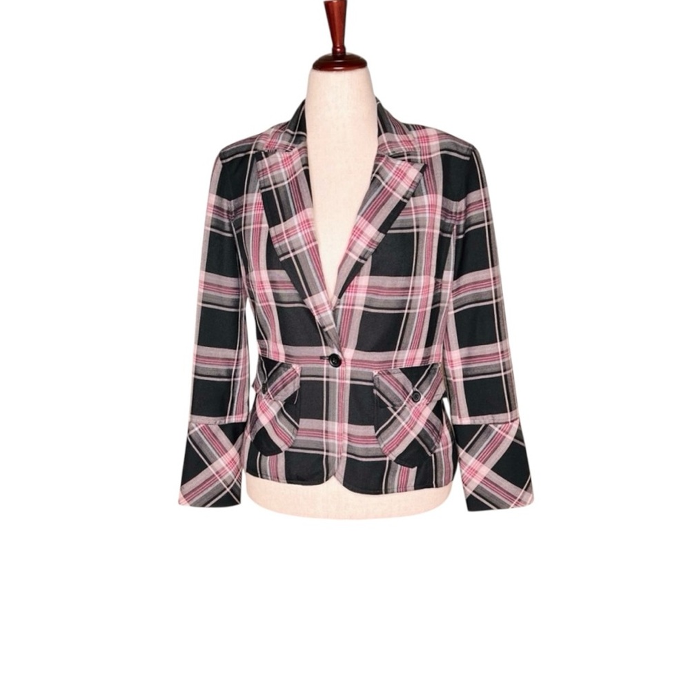 MIXIT Vintage Pink Black Tartan Plaid Crop Blazer Academia Fully Lined SZ: 12